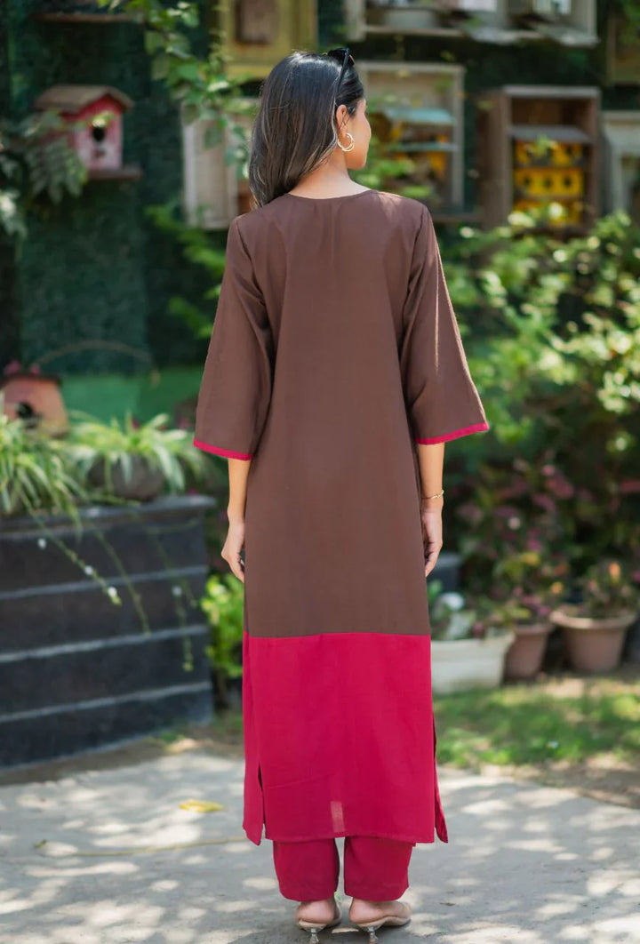 Brown-Lizzy-Bizzy Cotton-Color-Blocking-2-Piece-Kurta-Set
