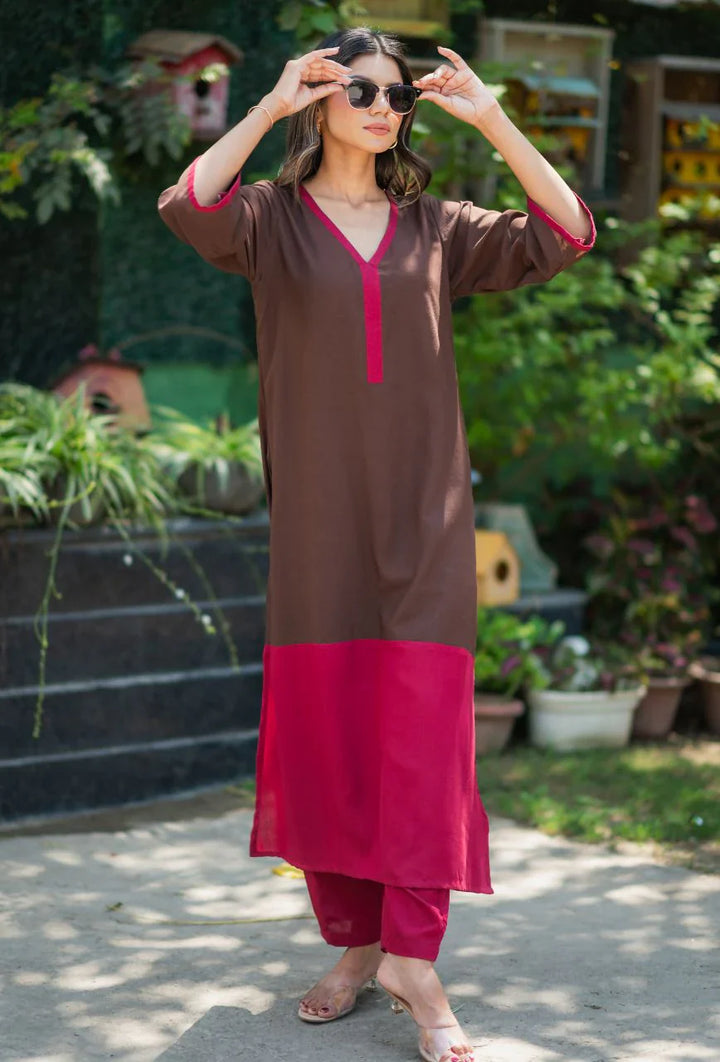Brown-Lizzy-Bizzy Cotton-Color-Blocking-2-Piece-Kurta-Set