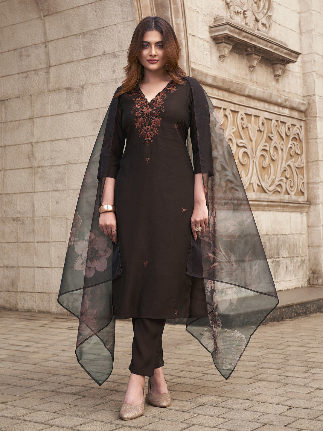 Brown-Silk-Blend-Embroidered-Kurta-Set