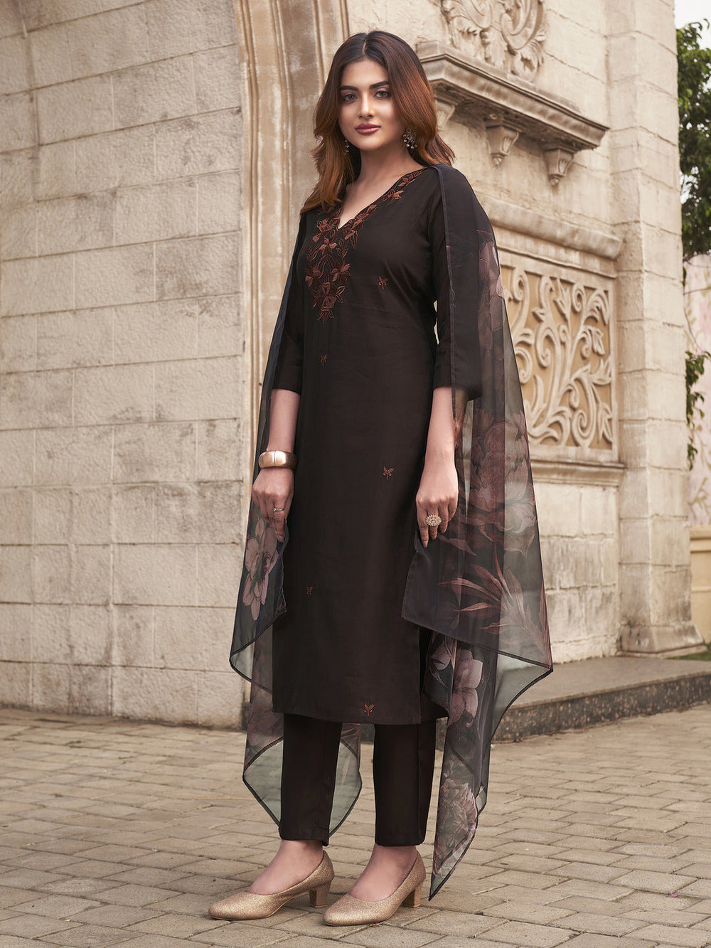 Brown-Silk-Blend-Embroidered-Kurta-Set