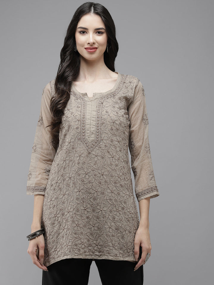 Brownish Grey Original Kota Chikankari Tunic With Slip
