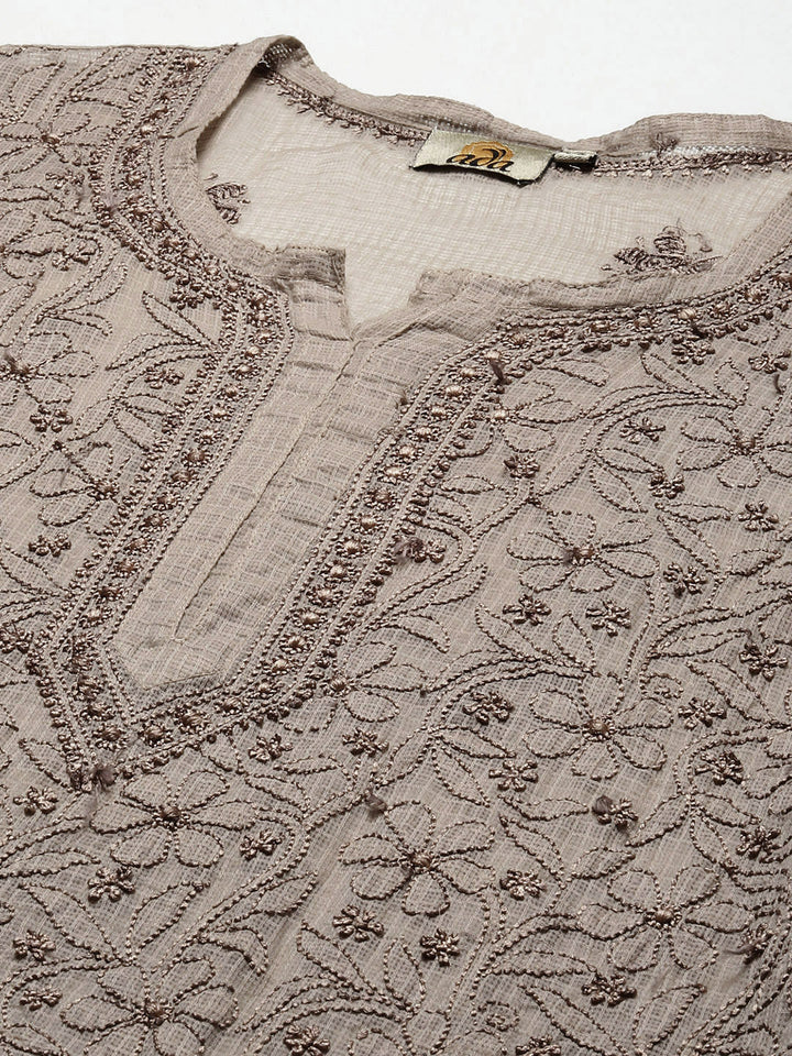 Brownish Grey Original Kota Chikankari Tunic With Slip