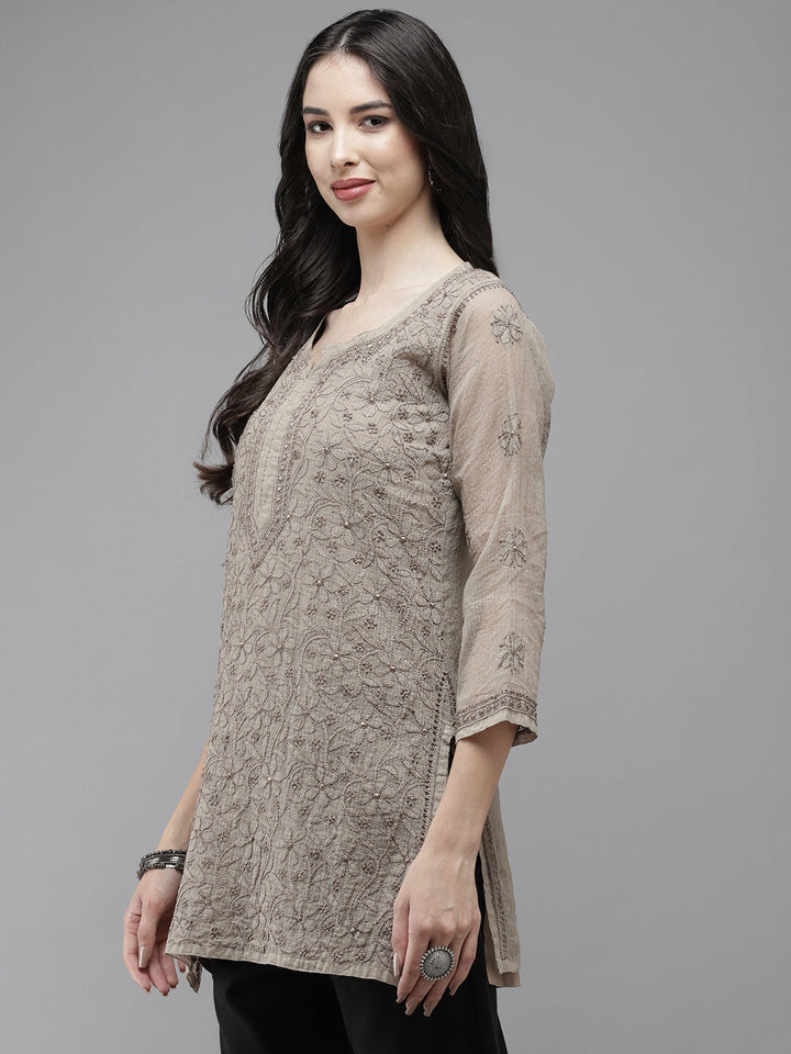 Brownish Grey Original Kota Chikankari Tunic With Slip