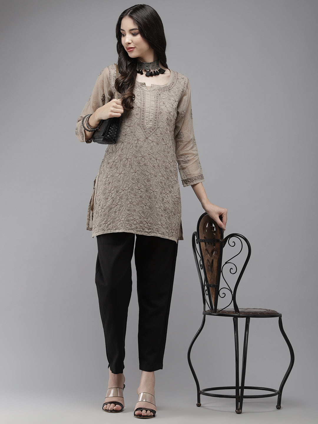 Brownish Grey Original Kota Chikankari Tunic With Slip