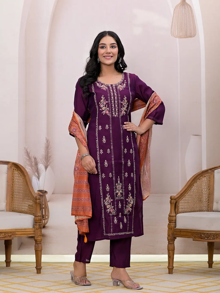 Burgundy-Silk-Blend-Embroidered-Straight-3-Piece-Kurta-Set