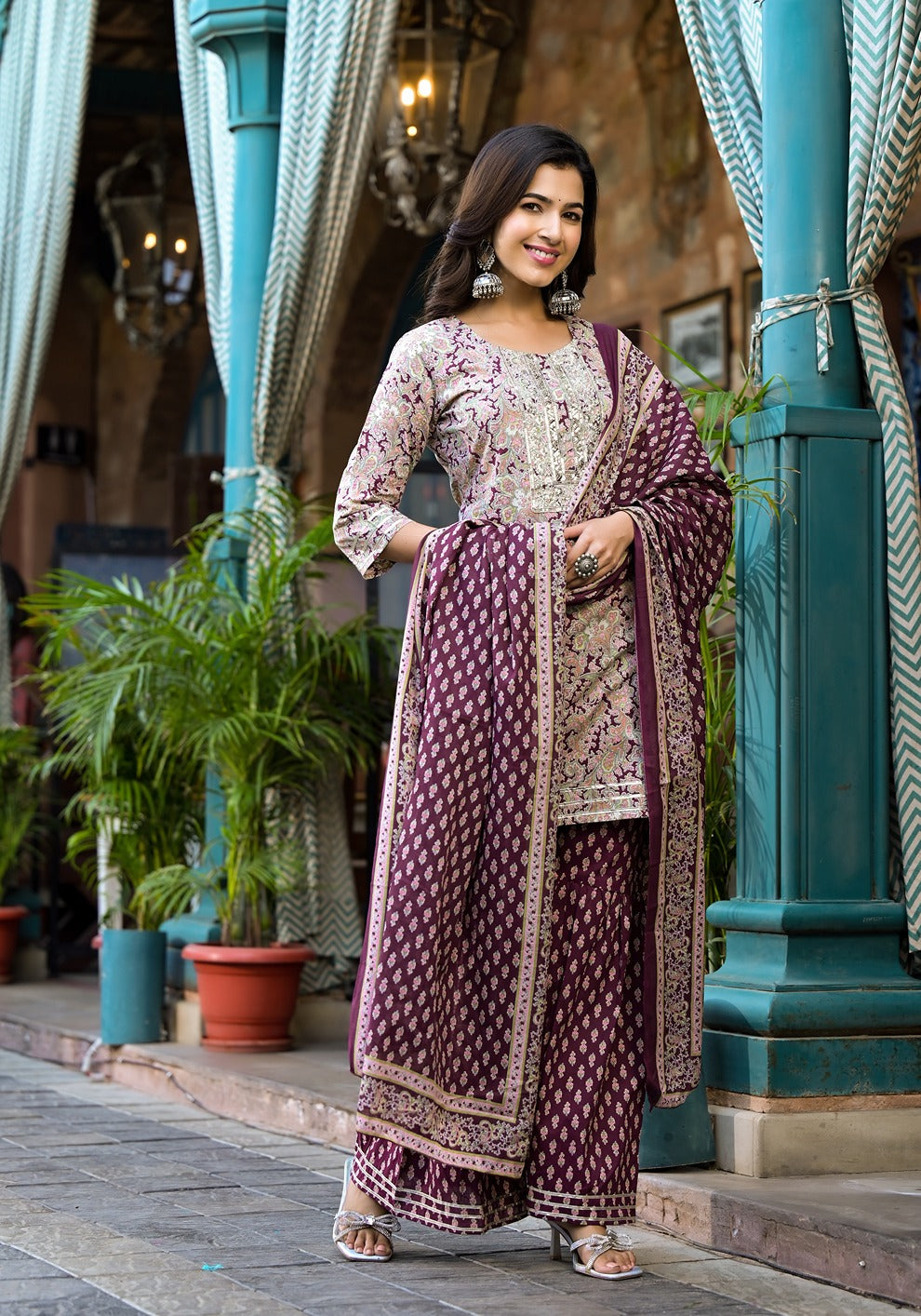 Burgundy-Cotton-Floral-Sequins-Work-Sharara-Set