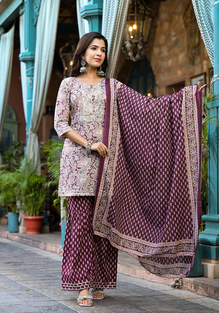 Burgundy-Cotton-Floral-Sequins-Work-Sharara-Set