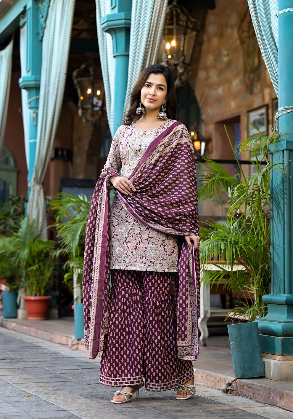 Burgundy-Cotton-Floral-Sequins-Work-Sharara-Set