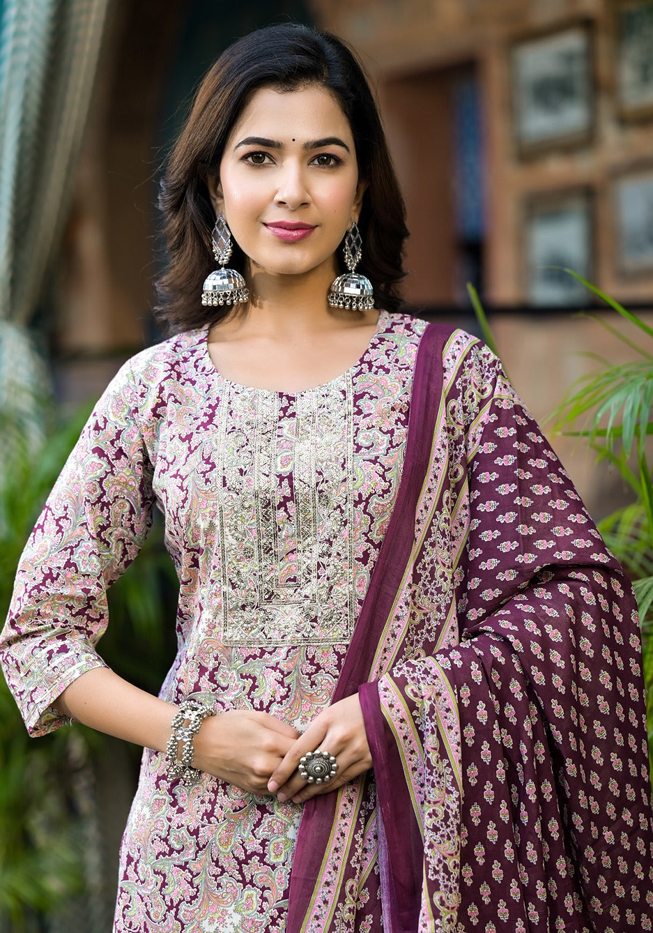 Burgundy-Cotton-Floral-Sequins-Work-Sharara-Set