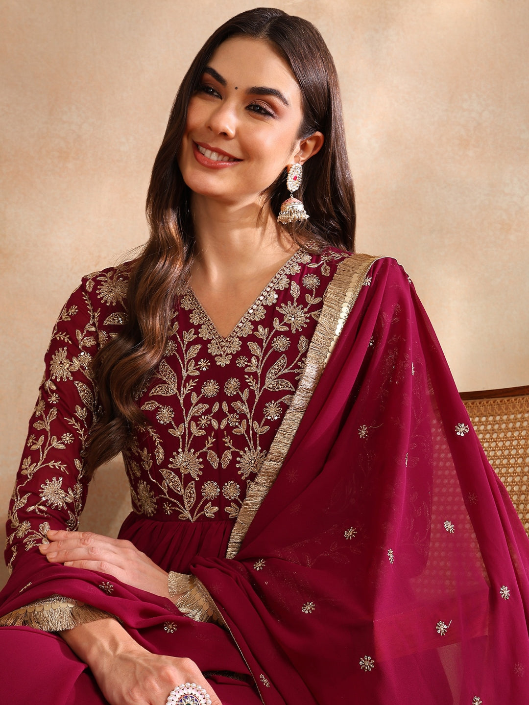 ZERESOUQ-Burgundy-Georgette-Solid-Embroidered-Anarkali-Set