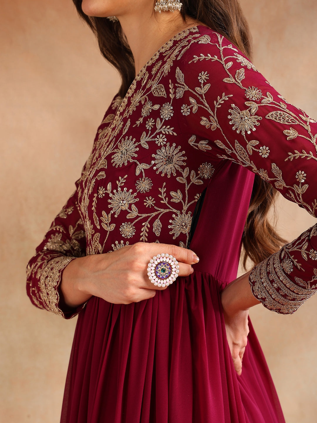 ZERESOUQ-Burgundy-Georgette-Solid-Embroidered-Anarkali-Set