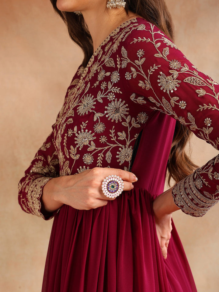 ZERESOUQ-Burgundy-Georgette-Solid-Embroidered-Anarkali-Set