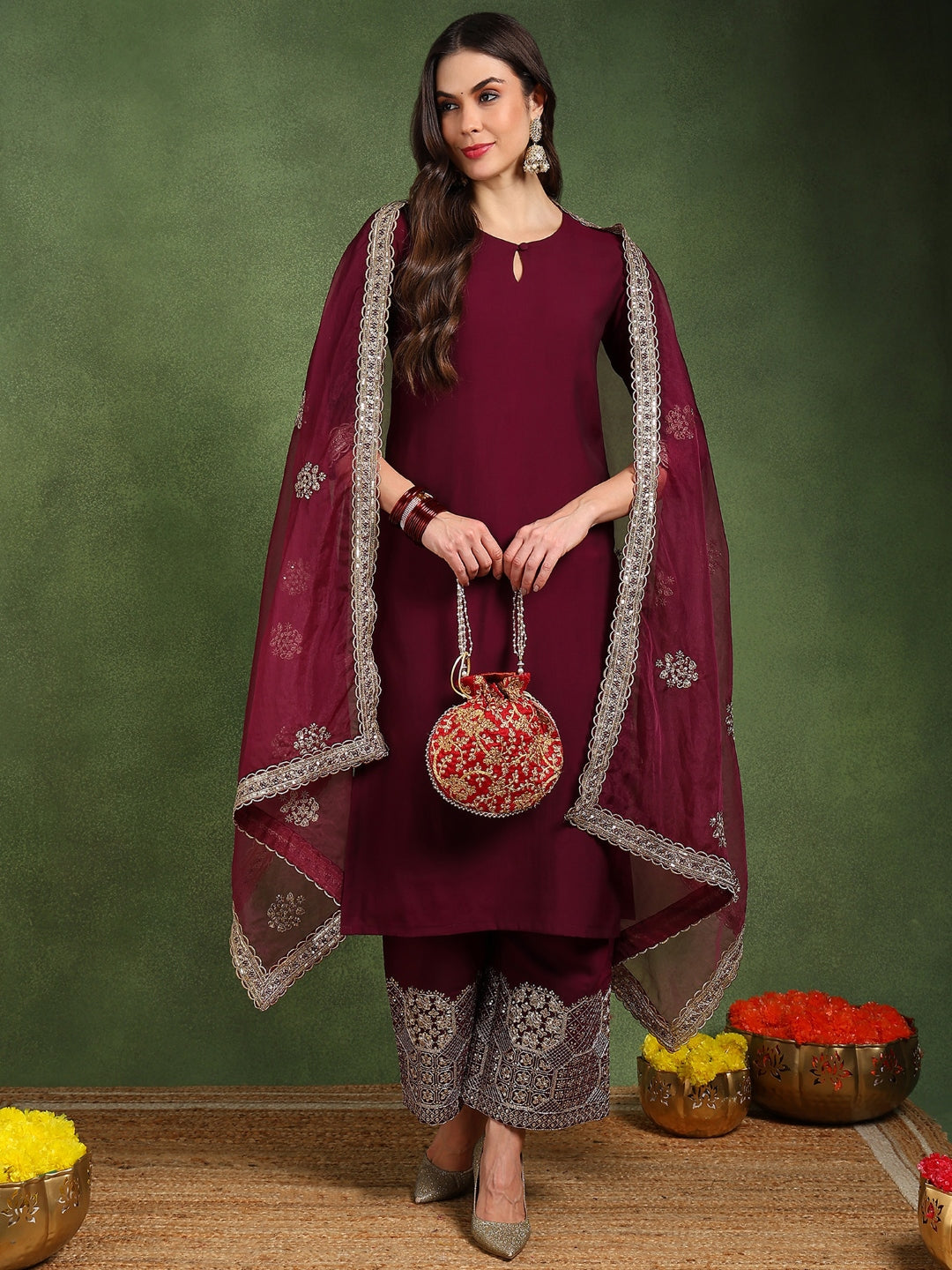 Burgundy-Silk-Blend-Solid-Solid-Straight-3-Piece-Kurta-Set