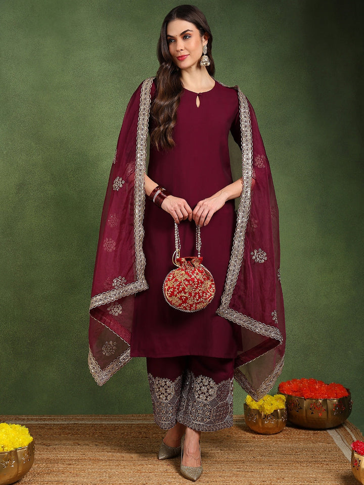 Burgundy-Silk-Blend-Solid-Solid-Straight-3-Piece-Kurta-Set