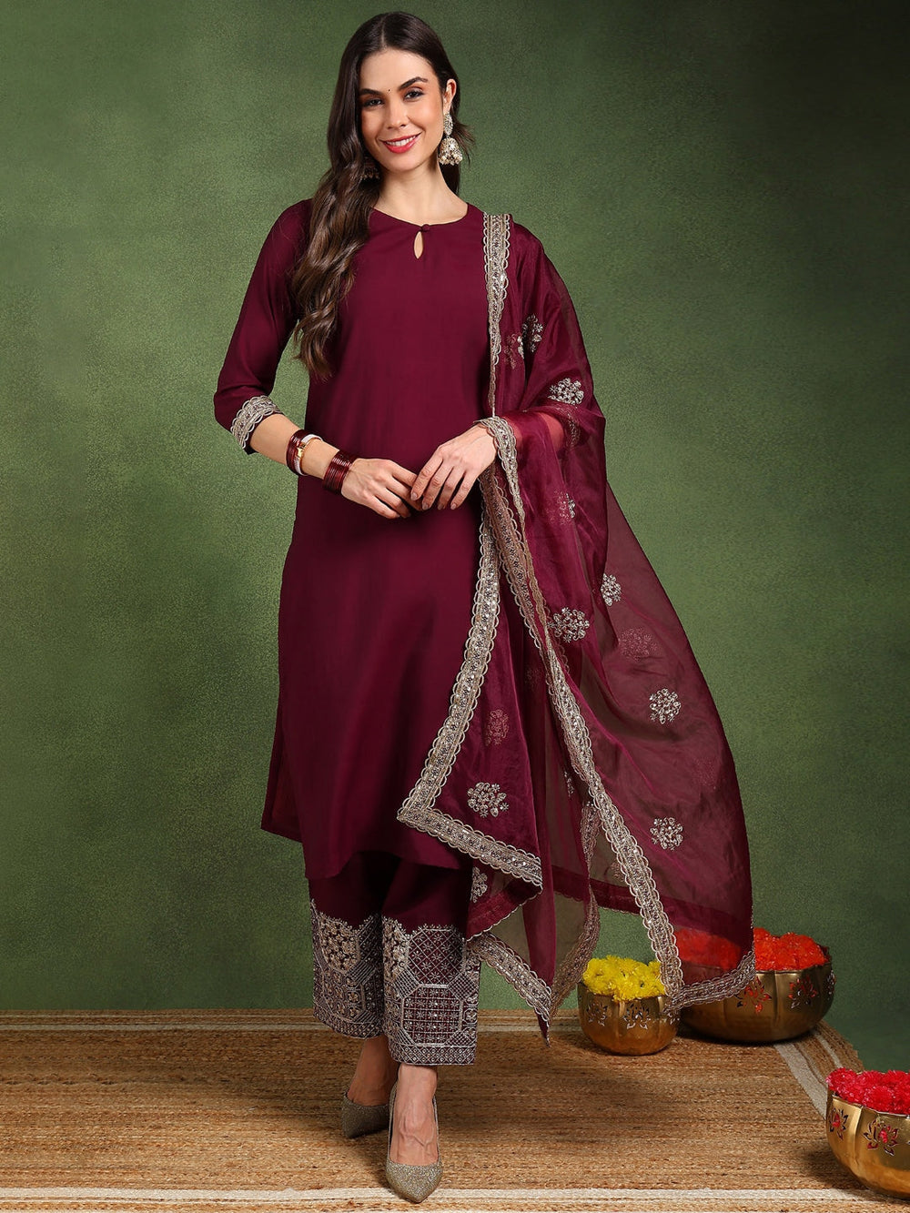 Burgundy-Silk-Blend-Solid-Solid-Straight-3-Piece-Kurta-Set