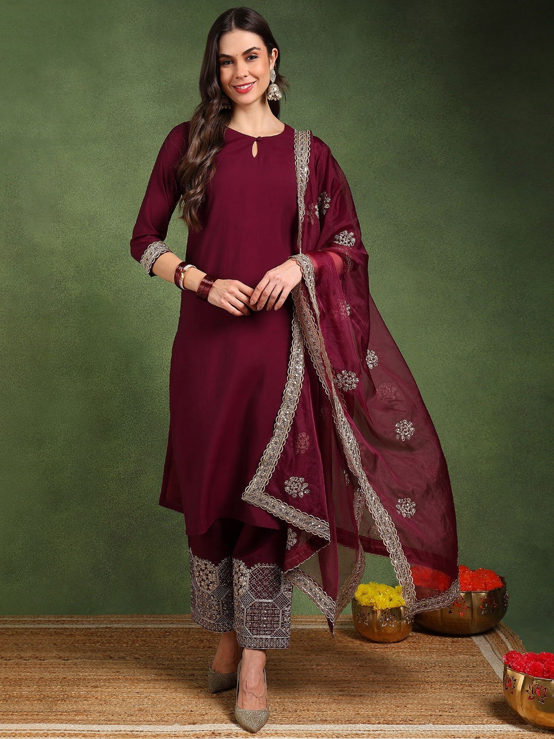 Burgundy-Silk-Blend-Solid-Solid-Straight-3-Piece-Kurta-Set