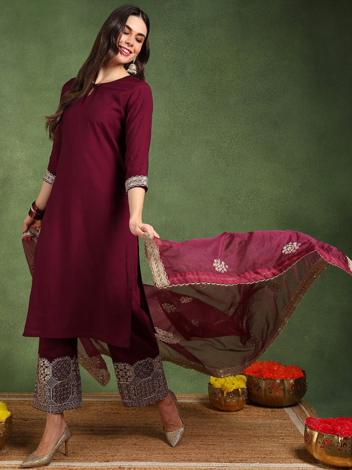 Burgundy-Silk-Blend-Solid-Solid-Straight-3-Piece-Kurta-Set