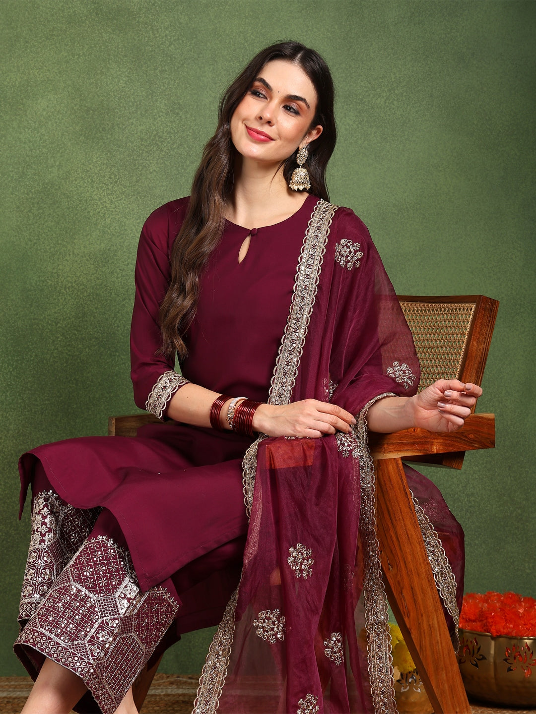 Burgundy-Silk-Blend-Solid-Solid-Straight-3-Piece-Kurta-Set