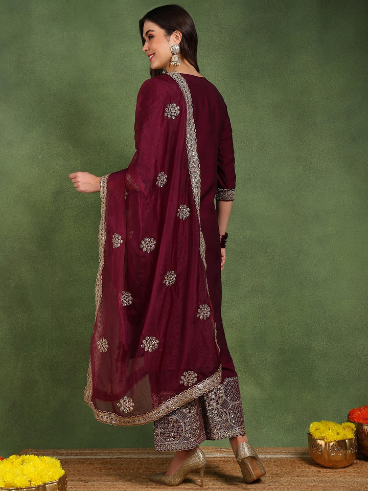 Burgundy-Silk-Blend-Solid-Solid-Straight-3-Piece-Kurta-Set