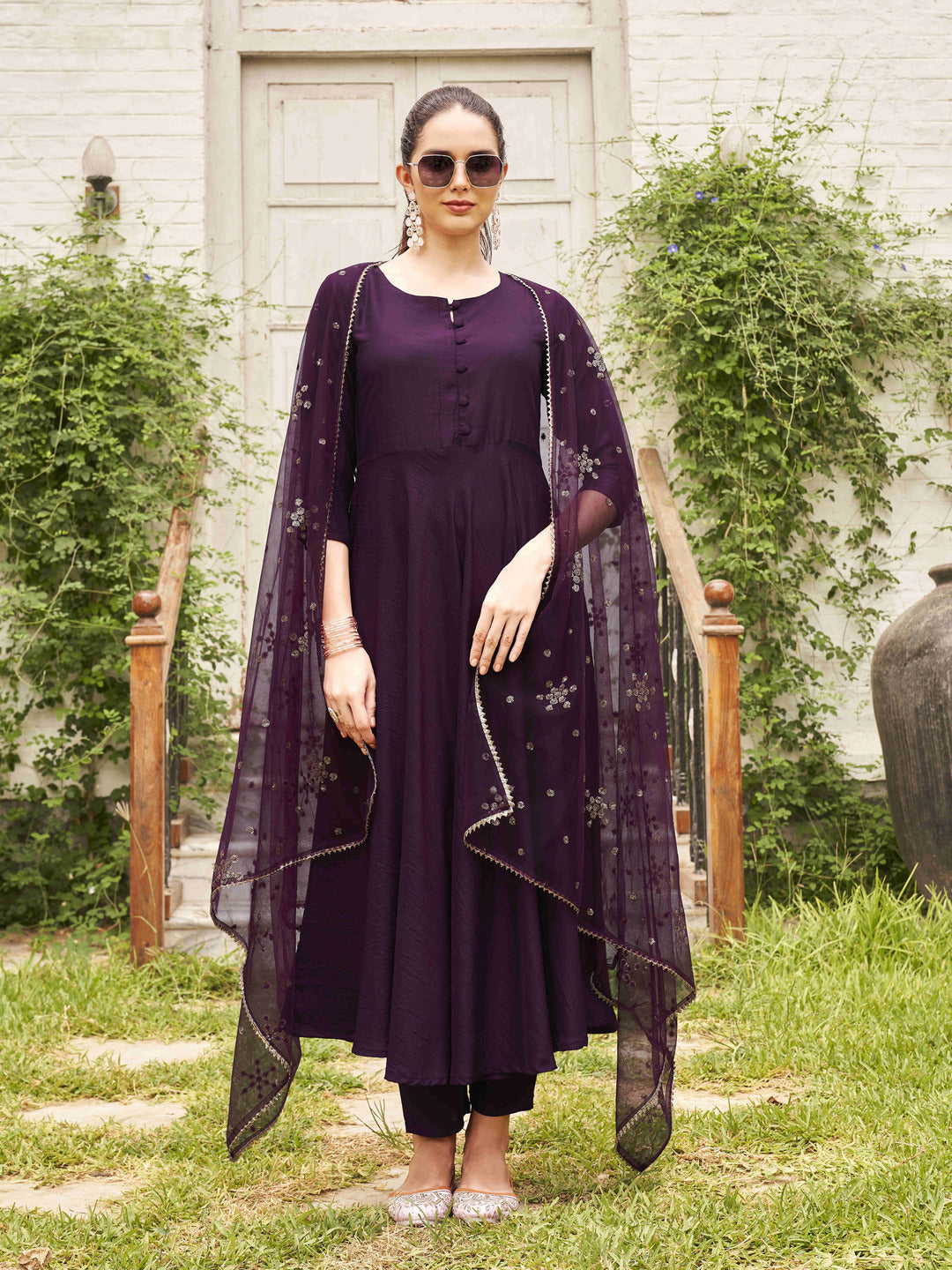 Burgundy-Poly-Crepe-Flared-Kurta-Set