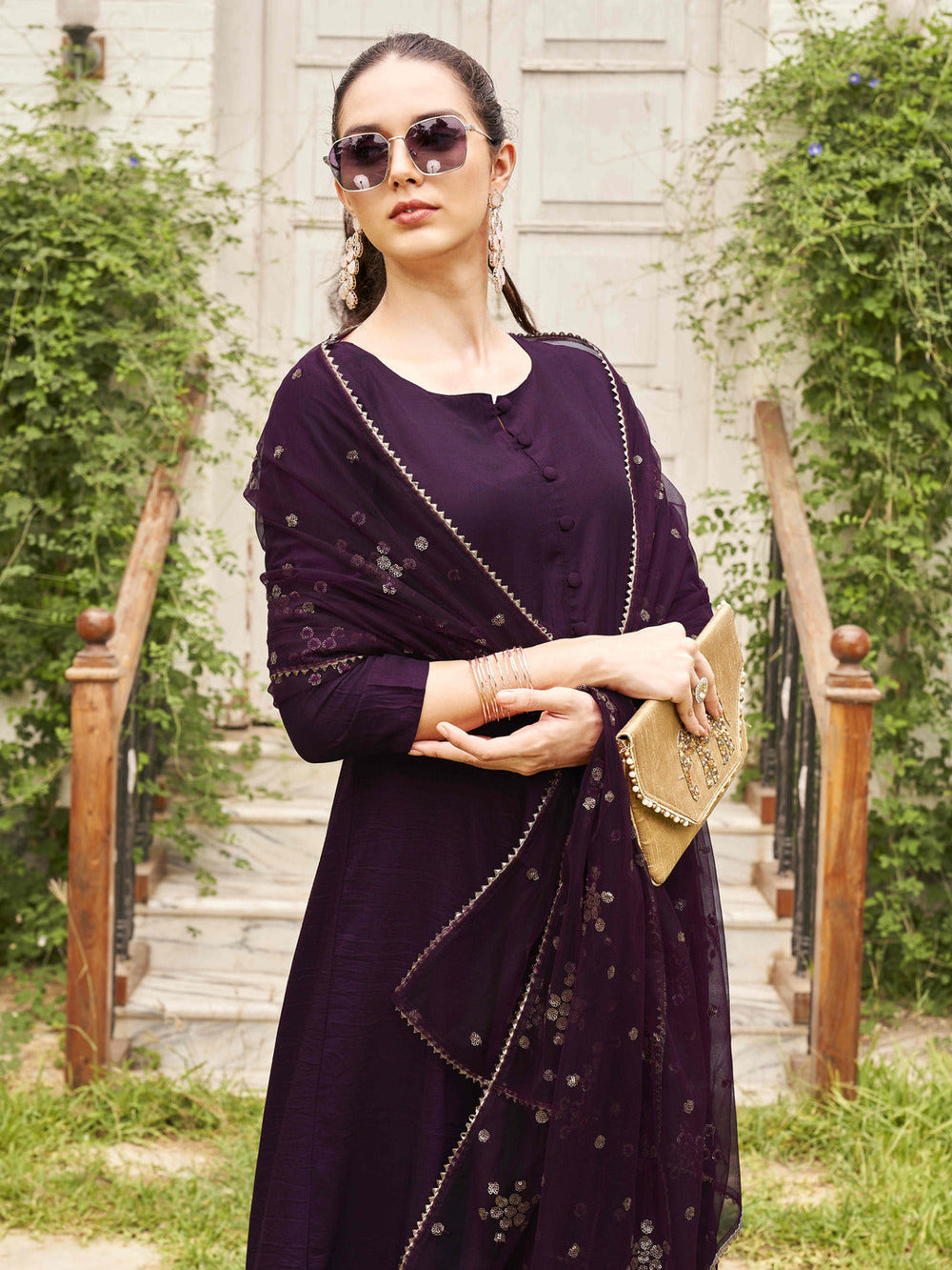 Burgundy-Poly-Crepe-Flared-Kurta-Set