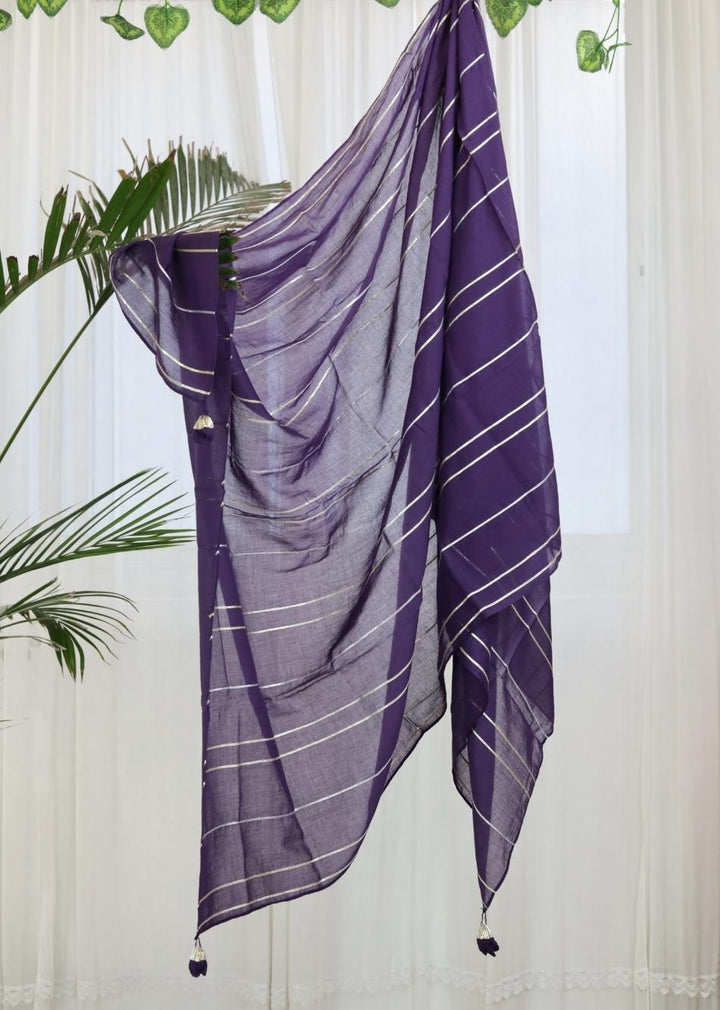 Grape Purple Mulmul Gota Detail Striped Dupatta Only