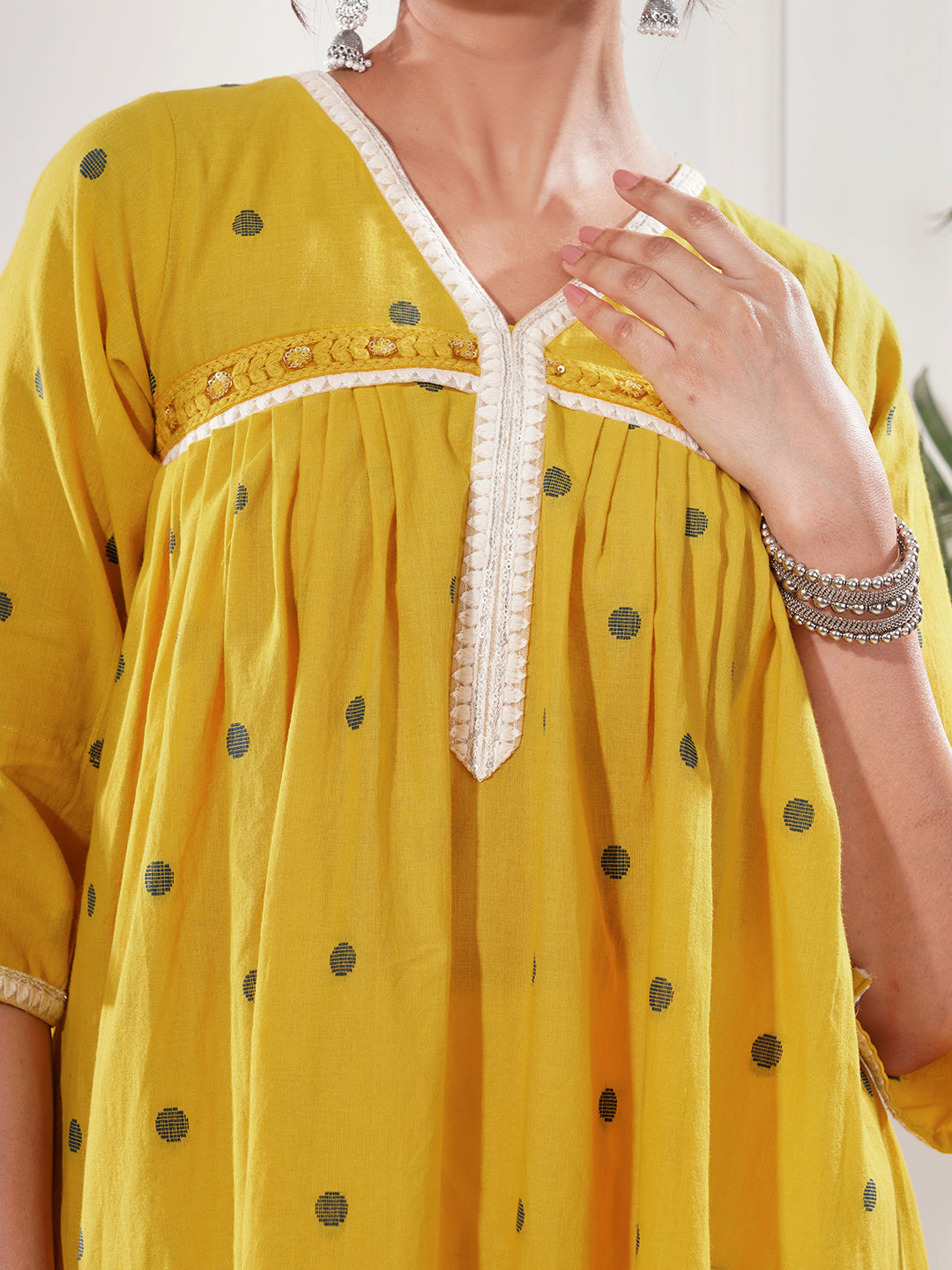 Sohini Yellow Cotton A Line Kurta Only