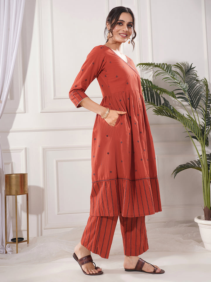 Saanjh Red Cotton Angrakha Kurta Only