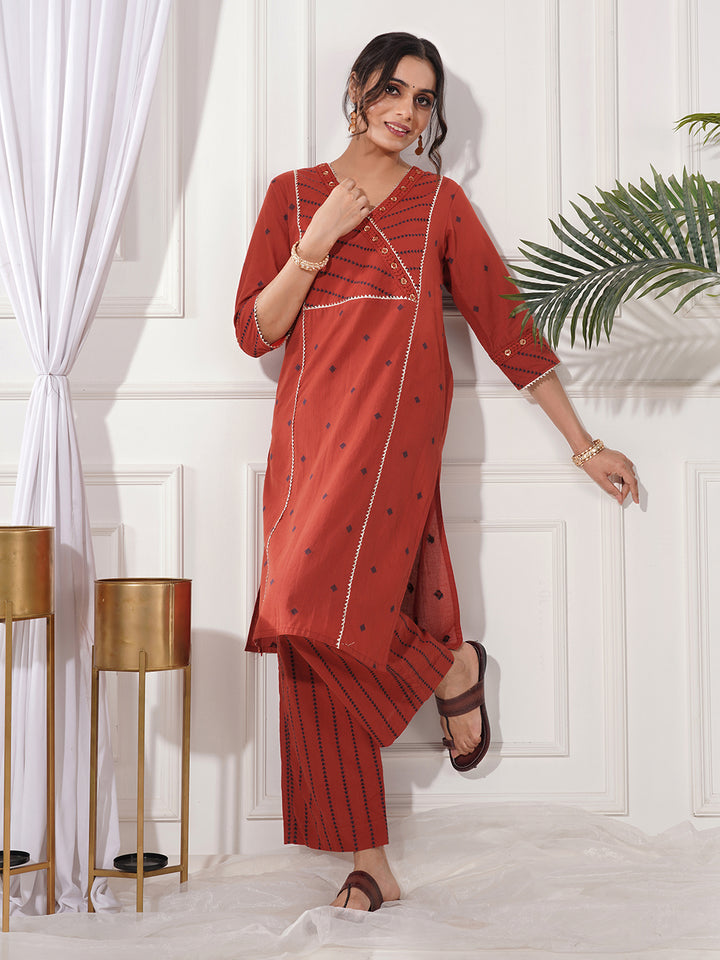 Sonea Red Gold Cotton Kurta Only