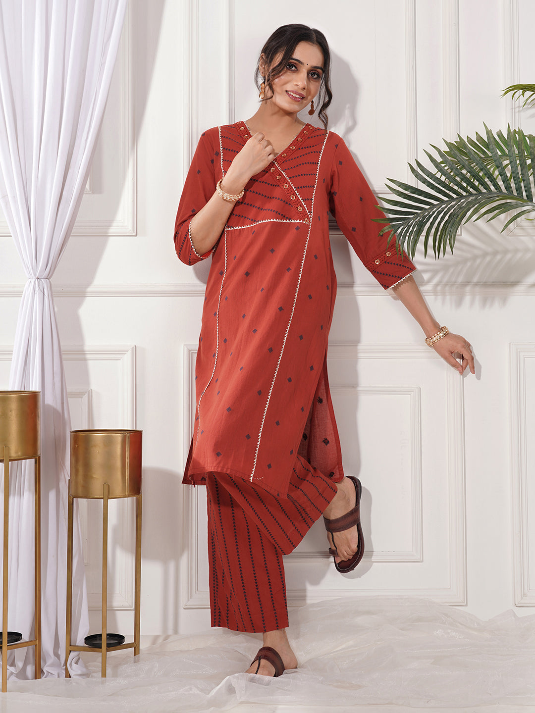 Pria Red Gold Cotton 2-Piece Kurta Only Set