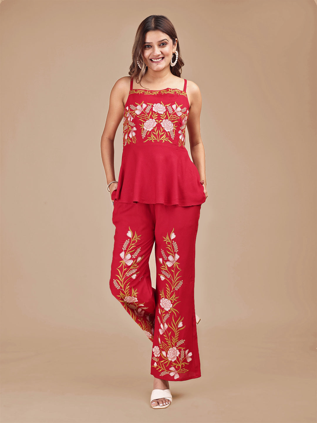 Red-Contrast-Rayon-Embroidered-Sleeveless-Co-ord-Set