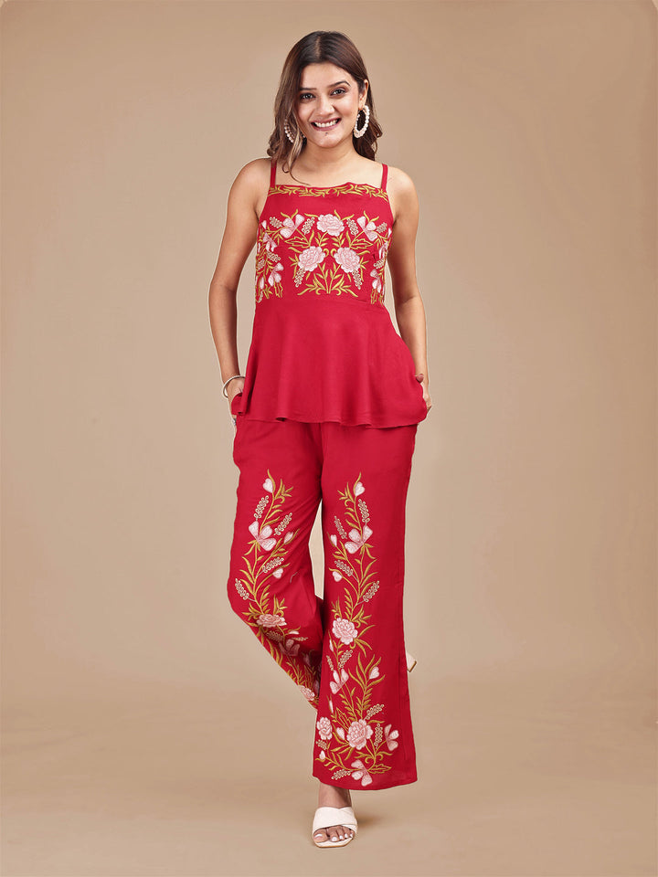 Red-Contrast-Rayon-Embroidered-Sleeveless-Co-ord-Set
