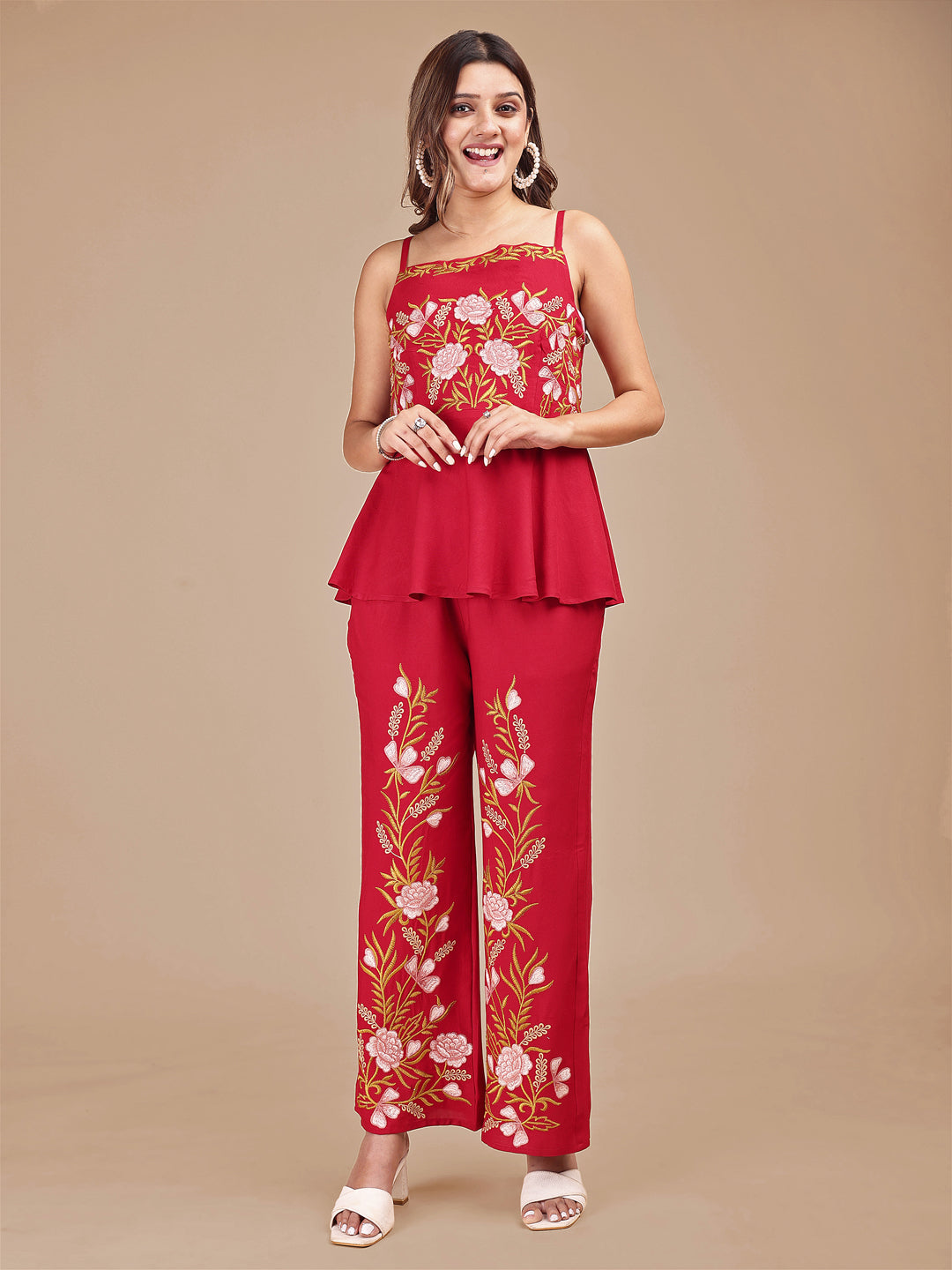 Red-Contrast-Rayon-Embroidered-Sleeveless-Co-ord-Set