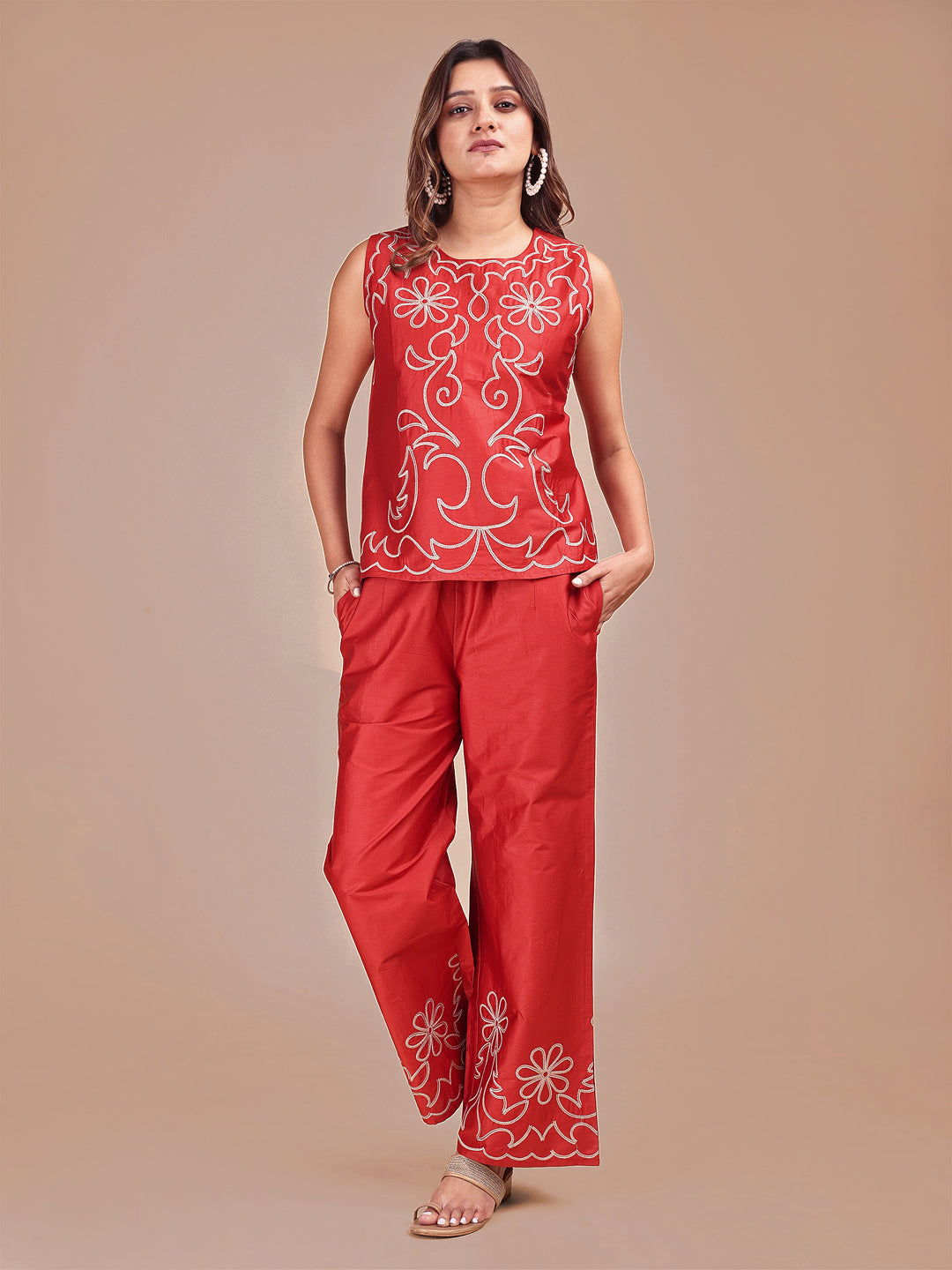 Rust-Jam-Red-Cotton-Cheeku-Stylized-Embroidered-Co-ord-Set