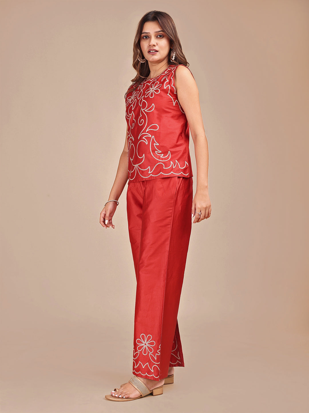 Rust-Jam-Red-Cotton-Cheeku-Stylized-Embroidered-Co-ord-Set