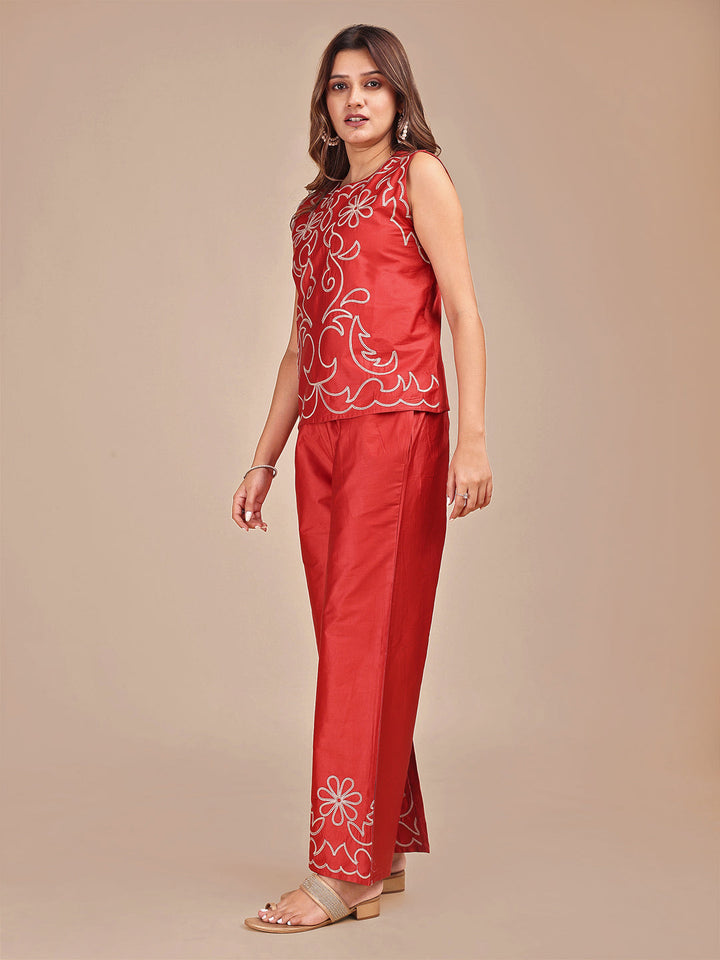 Rust-Jam-Red-Cotton-Cheeku-Stylized-Embroidered-Co-ord-Set