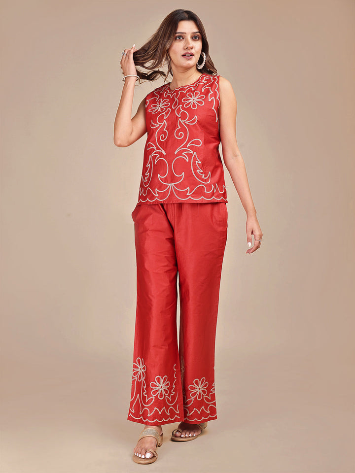 Rust-Jam-Red-Cotton-Cheeku-Stylized-Embroidered-Co-ord-Set