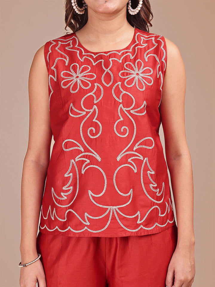 Rust-Jam-Red-Cotton-Cheeku-Stylized-Embroidered-Co-ord-Set