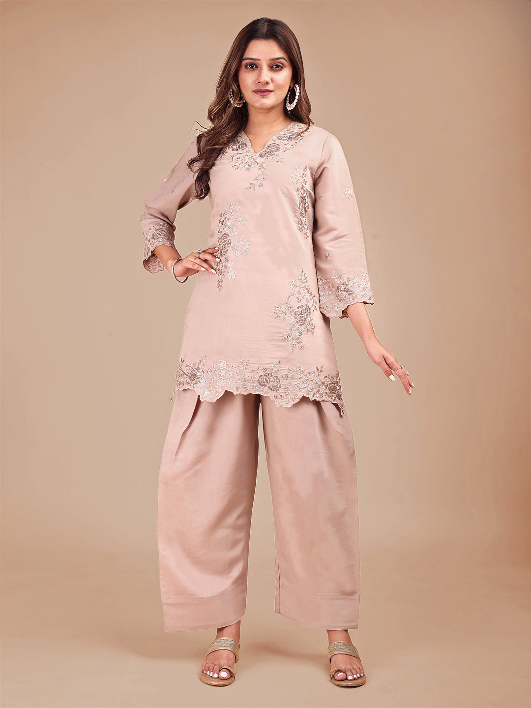 Beige Silk Blend Embroidered Farshi Salwar Co-Ord Set With