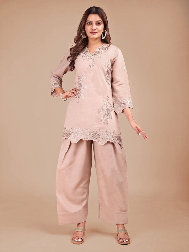 Beige Silk Blend Embroidered Farshi Salwar Co-Ord Set With