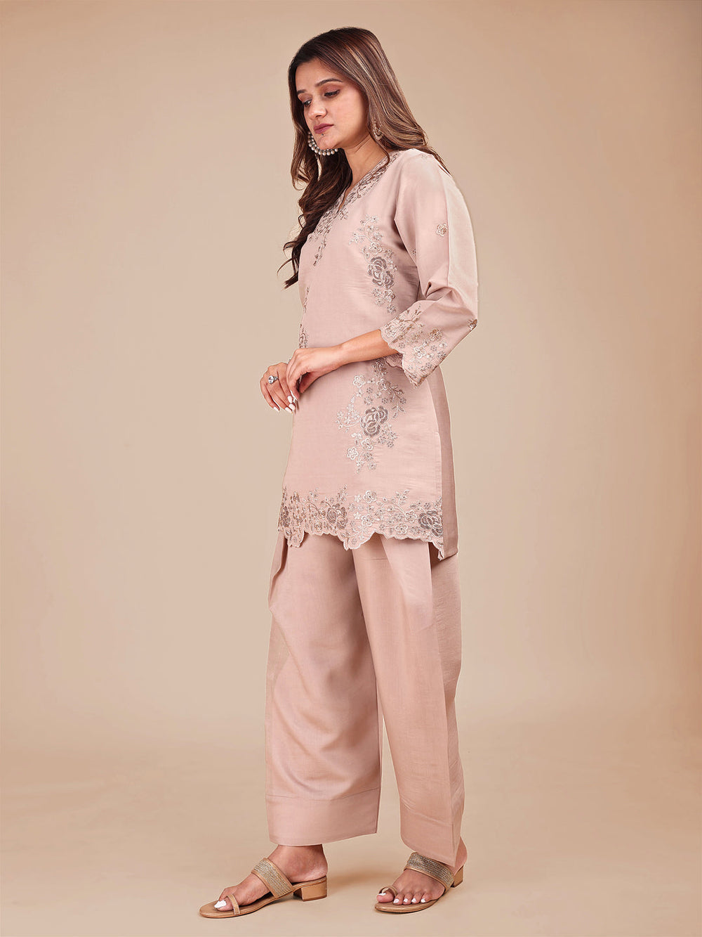 Beige Silk Blend Embroidered Farshi Salwar Co-Ord Set With