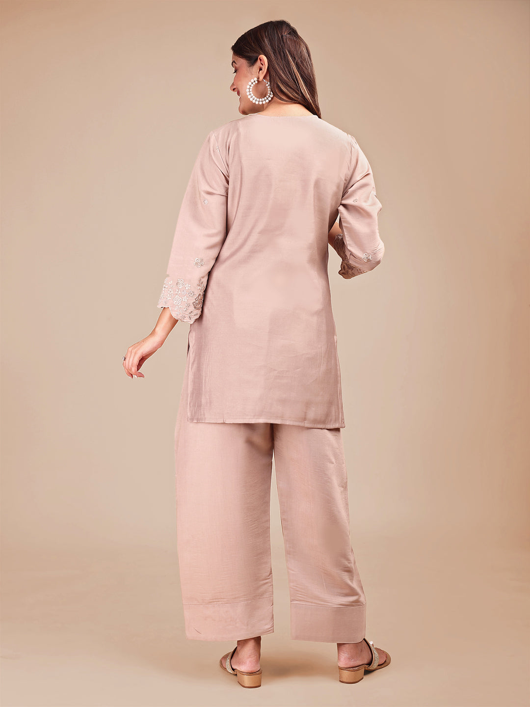 Beige Silk Blend Embroidered Farshi Salwar Co-Ord Set With