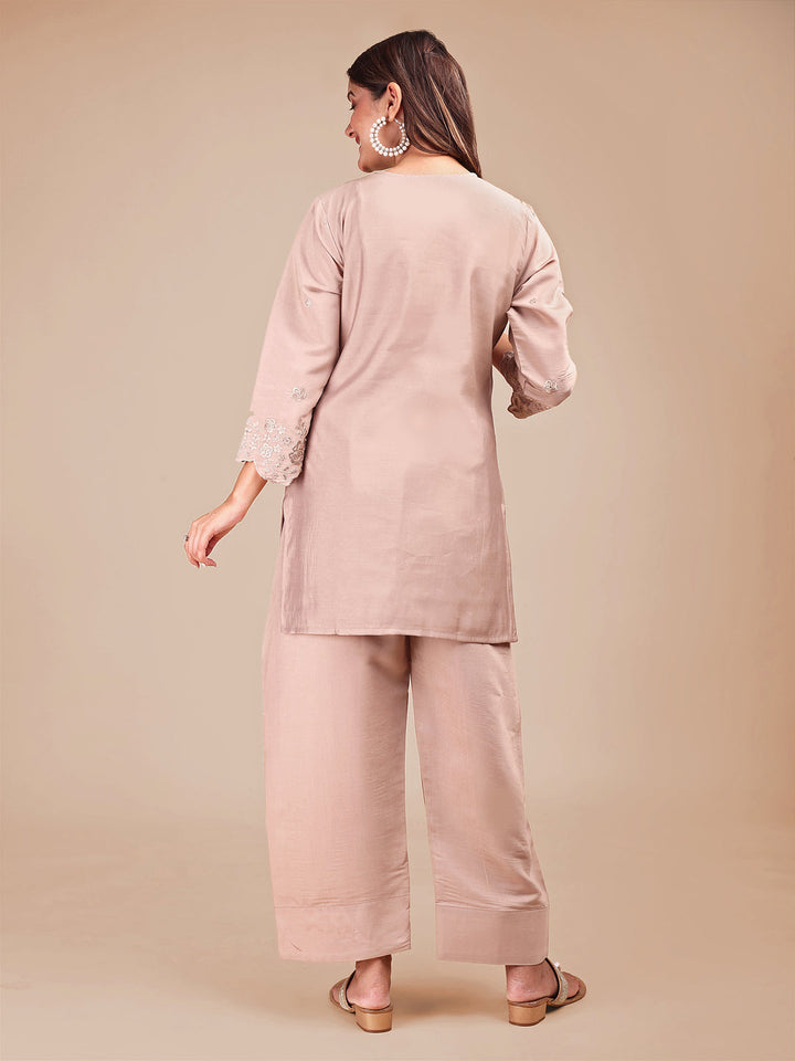 Beige Silk Blend Embroidered Farshi Salwar Co-Ord Set With