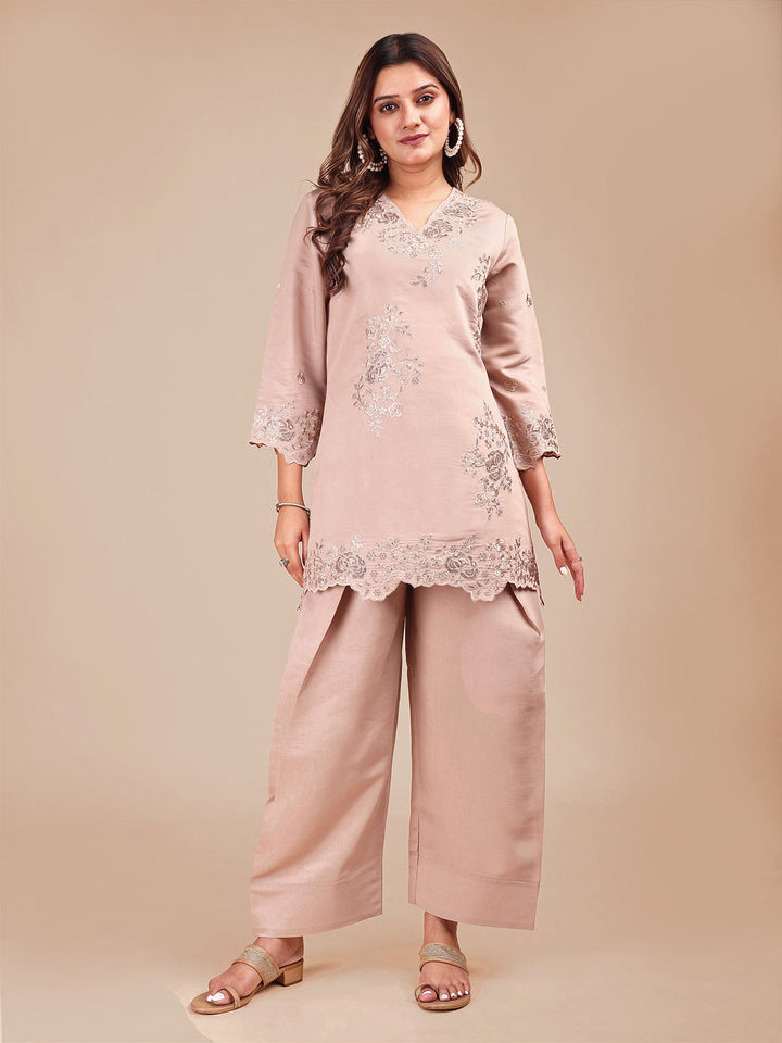 Beige Silk Blend Embroidered Farshi Salwar Co-Ord Set With