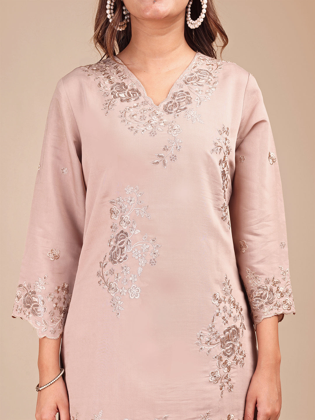 Beige Silk Blend Embroidered Farshi Salwar Co-Ord Set With