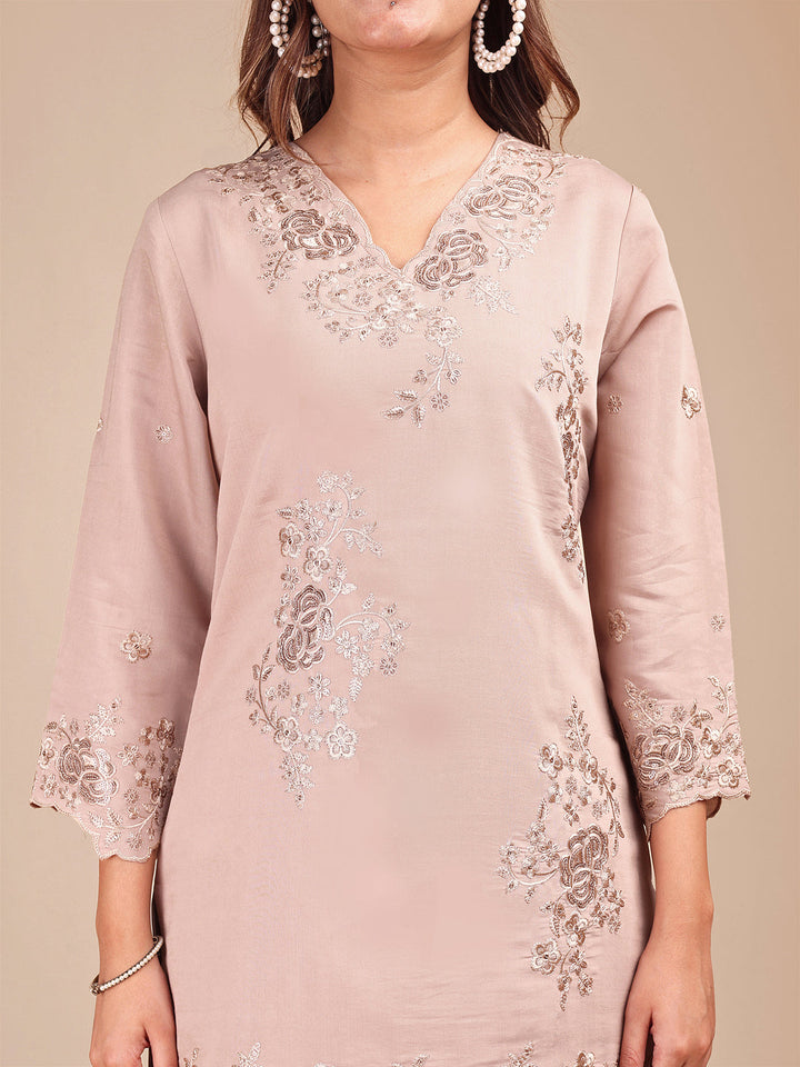 Beige Silk Blend Embroidered Farshi Salwar Co-Ord Set With