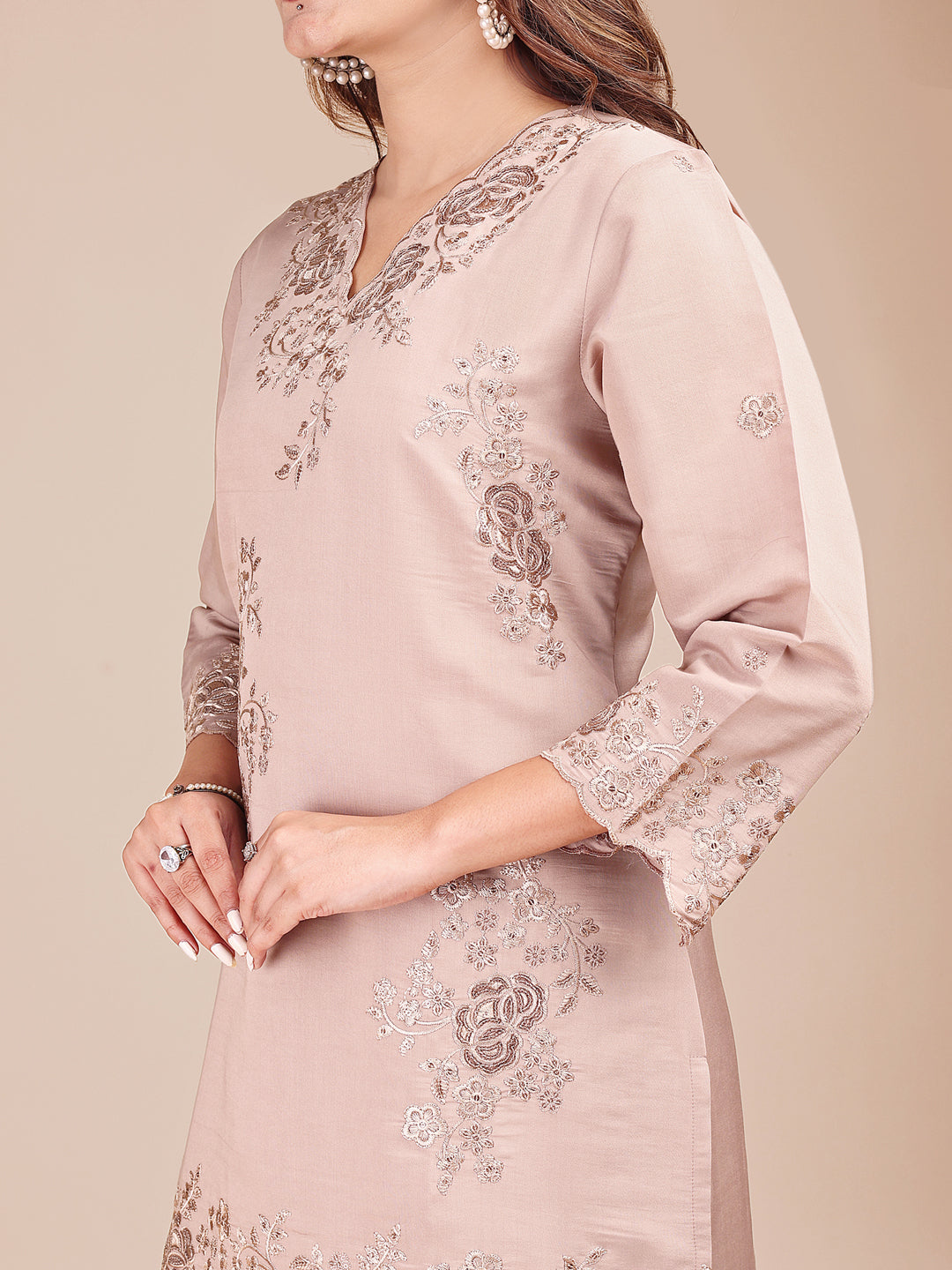 Beige Silk Blend Embroidered Farshi Salwar Co-Ord Set With