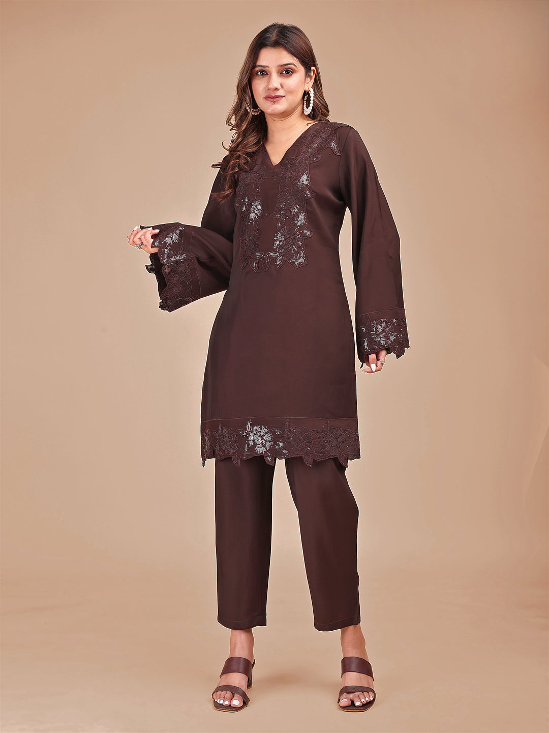 Cocoa-Tonal-Silk-Blend-Embroidered-Co-Ord-Set