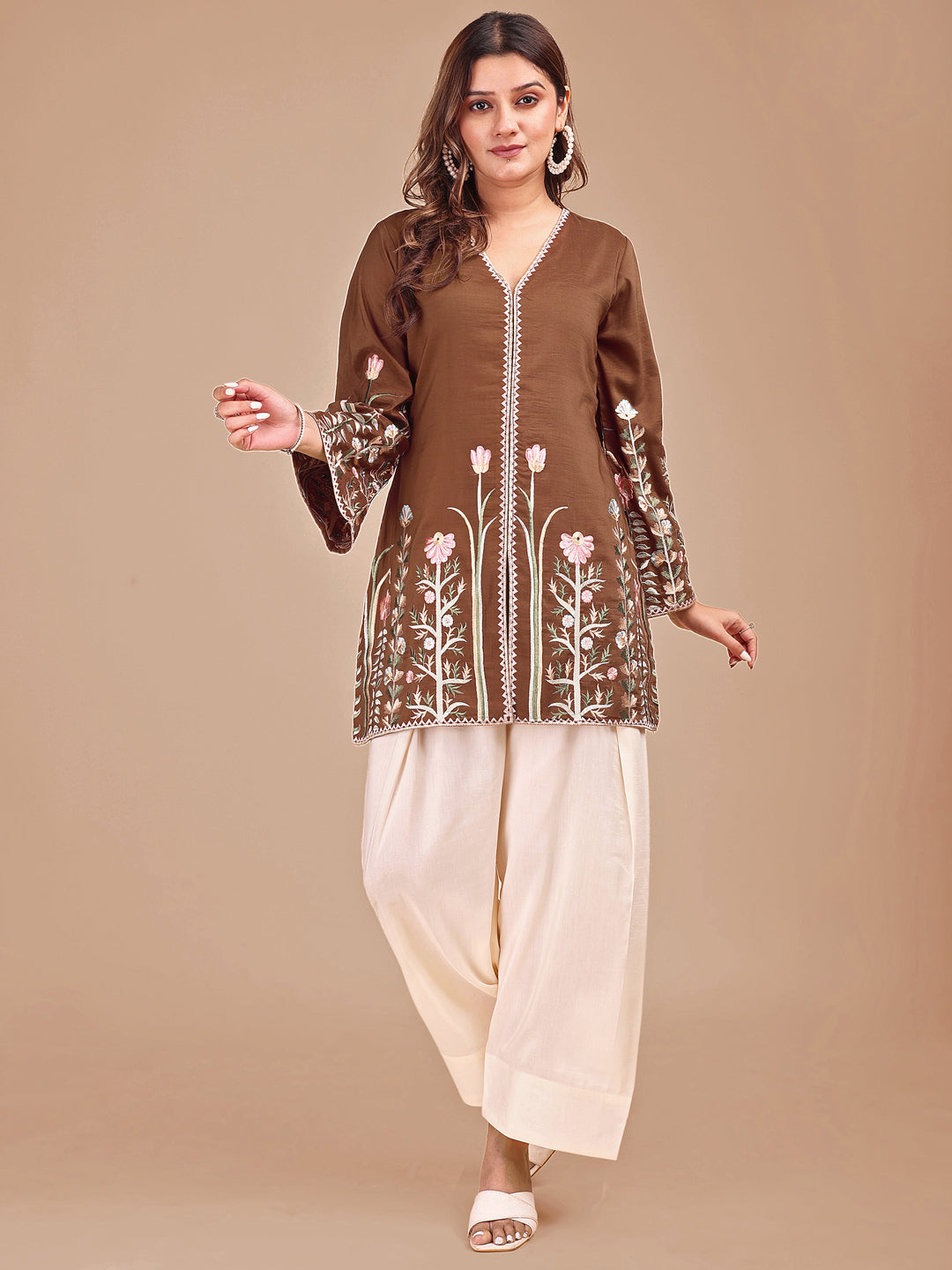 Brown-&-Cream-Silk-Embroidered-Co-ord-Set