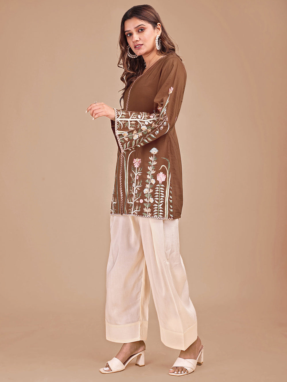Brown-&-Cream-Silk-Embroidered-Co-ord-Set